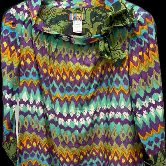 Gorgeous DEMA (San Francisco) Cotton/Silk, ¾ Sleeve, Jewel Print Top – Size L - Picture 3 of 10